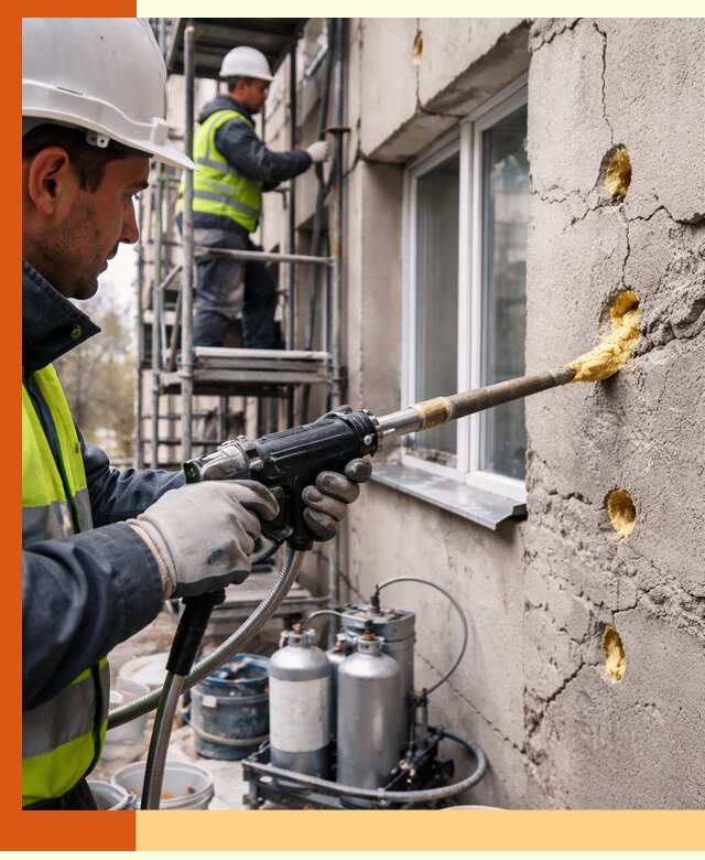Заполнение пустот в фасаде и утепление стен в Кисловодске